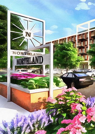 Northland sign with flowers and parked cars