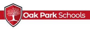Oak Park Schools logo with tree and shield.