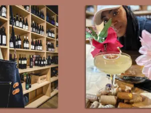 Wine shelves and cocktail with floral garnish